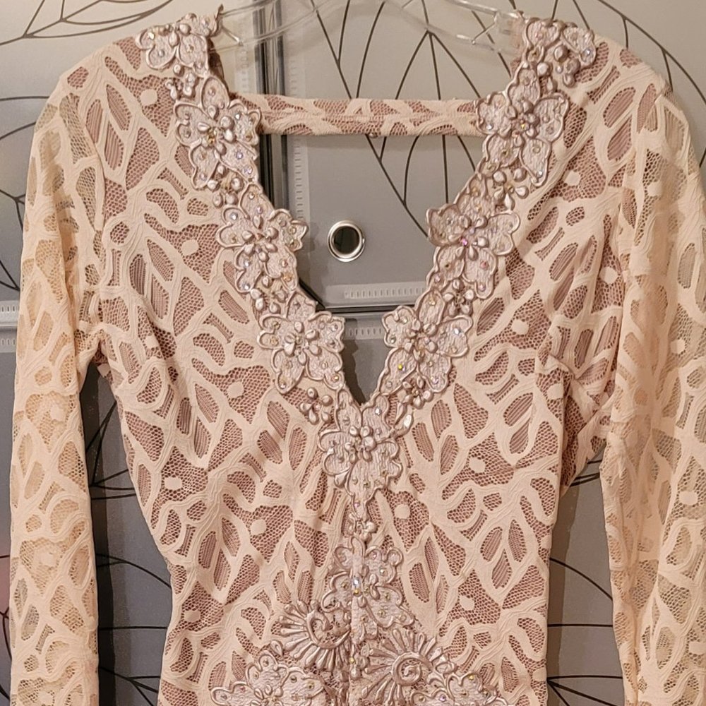Boccio Couture Letty Lace Cream/Nude Dress with Rubber Flower/Swarovski Crystals